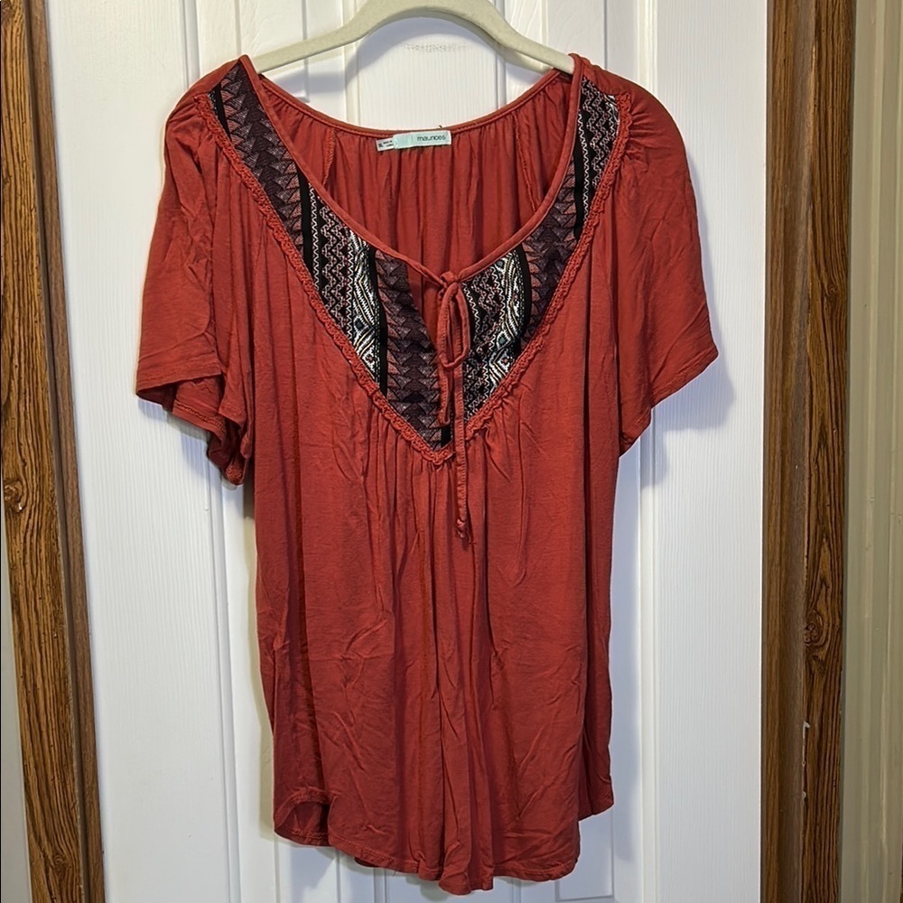 Maurices Rust Blouse with Embroidered V-Neck